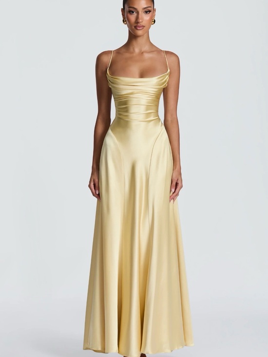 babyboo Dresses & Skirts - Satin Cowl Neck Maxi Dress in Pale Yellow